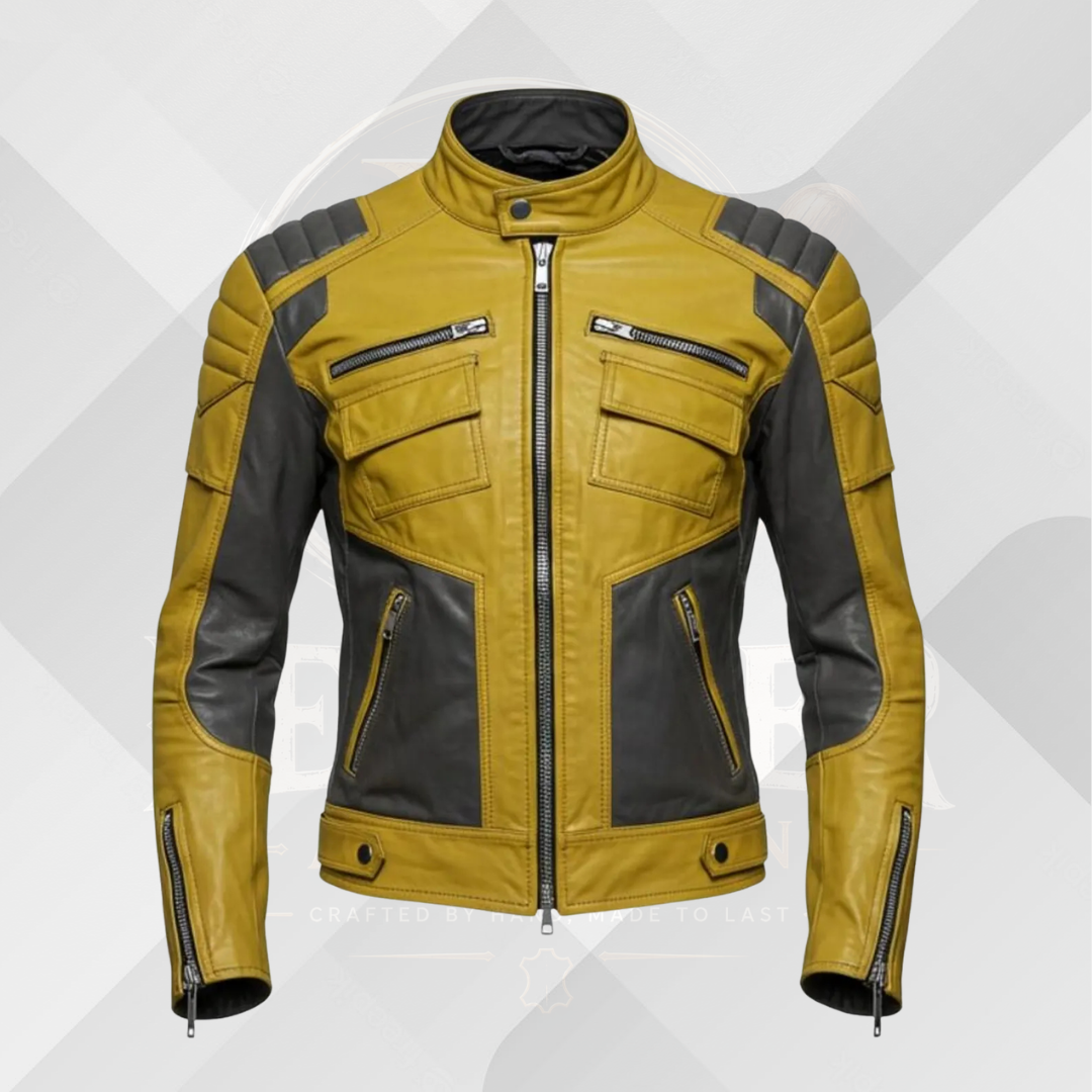 Men's Yellow Black Leather Cafe Racer Jacket – Handmade