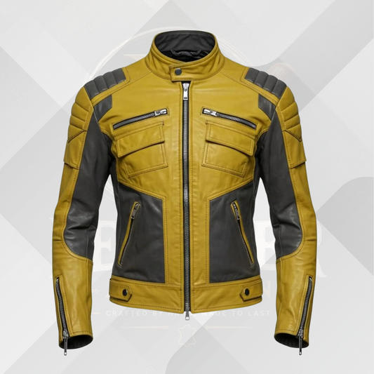 Men's Yellow Black Leather Cafe Racer Jacket – Handmade