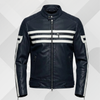 Men's Blue Leather Moto Jacket – White Stripe Cafe Racer