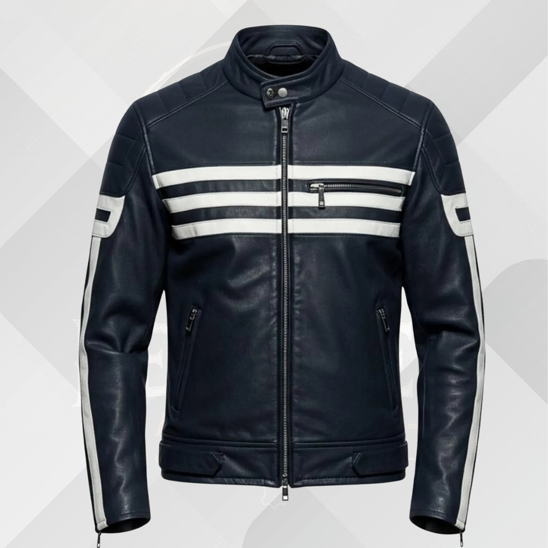 Men's Blue Leather Moto Jacket – White Stripe Cafe Racer