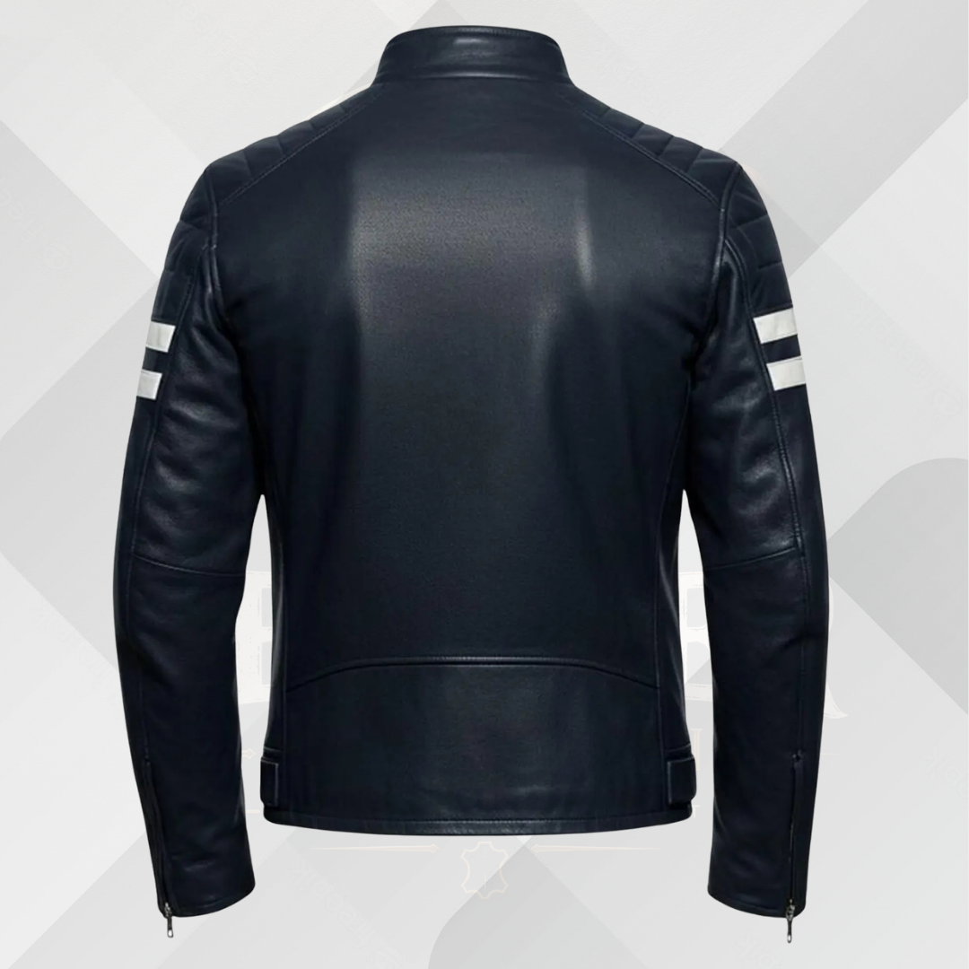 Men's Blue Leather Moto Jacket – White Stripe Cafe Racer