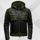 Men's Green Military Leather Jacket with Removable Hood