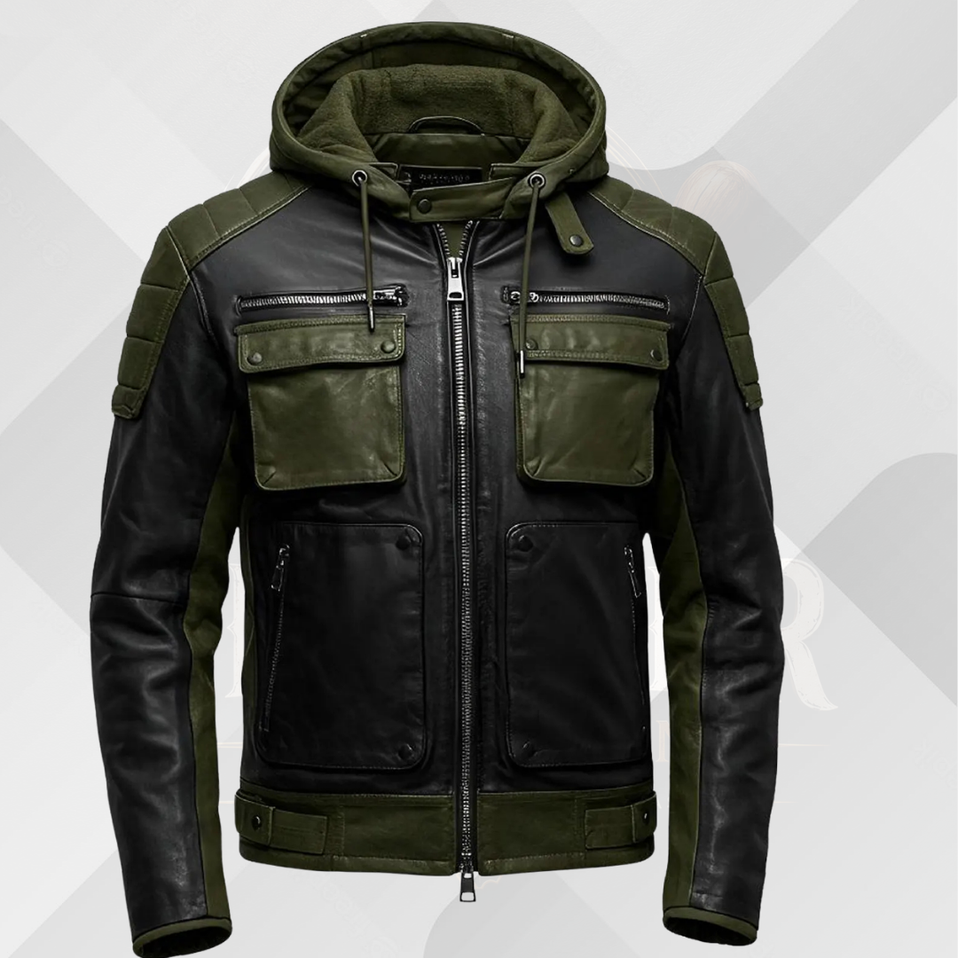 Men's Green Military Leather Jacket with Removable Hood
