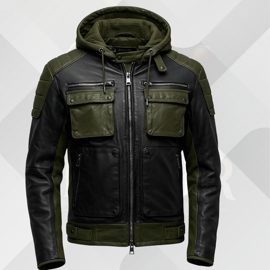 Men's Green Military Leather Jacket with Removable Hood