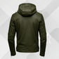 Men's Green Military Leather Jacket with Removable Hood