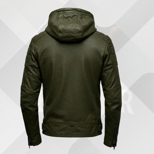 Men's Green Military Leather Jacket with Removable Hood