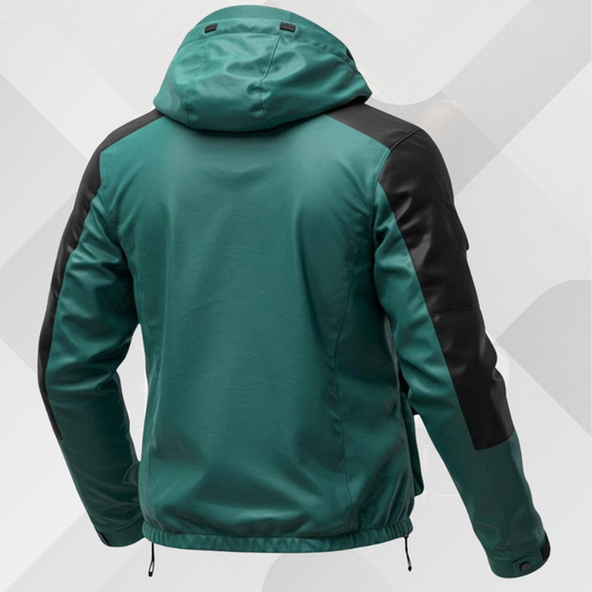 Handmade Men's Green Black Leather Hooded Jacket