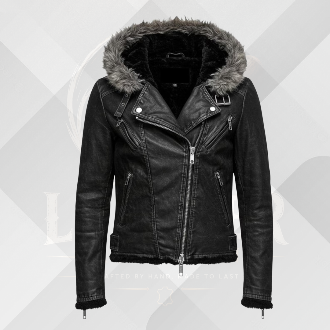 Handmade Men's Black Leather Winter Jacket with Fur Hood