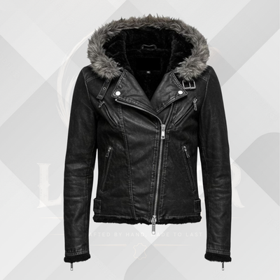 Handmade Men's Black Leather Winter Jacket with Fur Hood