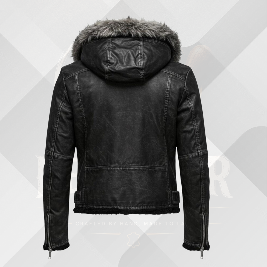 Handmade Men's Black Leather Winter Jacket with Fur Hood