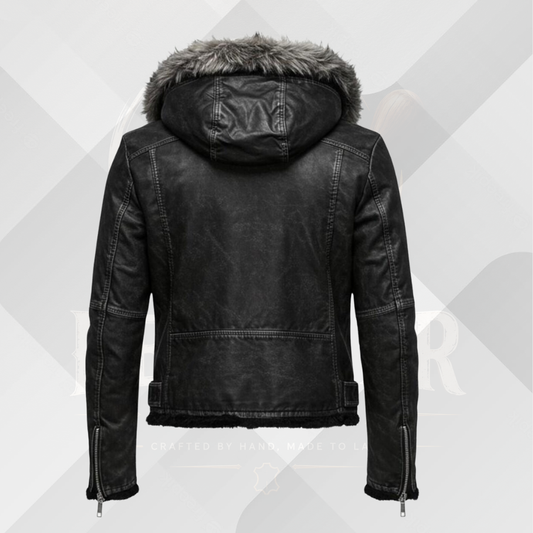 Handmade Men's Black Leather Winter Jacket with Fur Hood