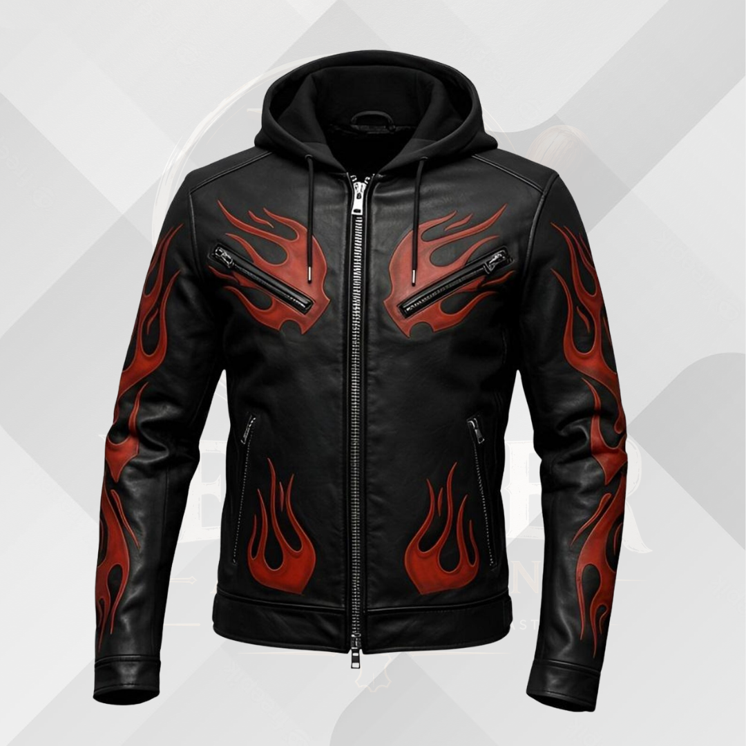 Men's Hooded Black Cowhide Leather Biker Jacket