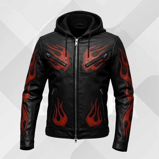 Men's Hooded Black Cowhide Leather Biker Jacket
