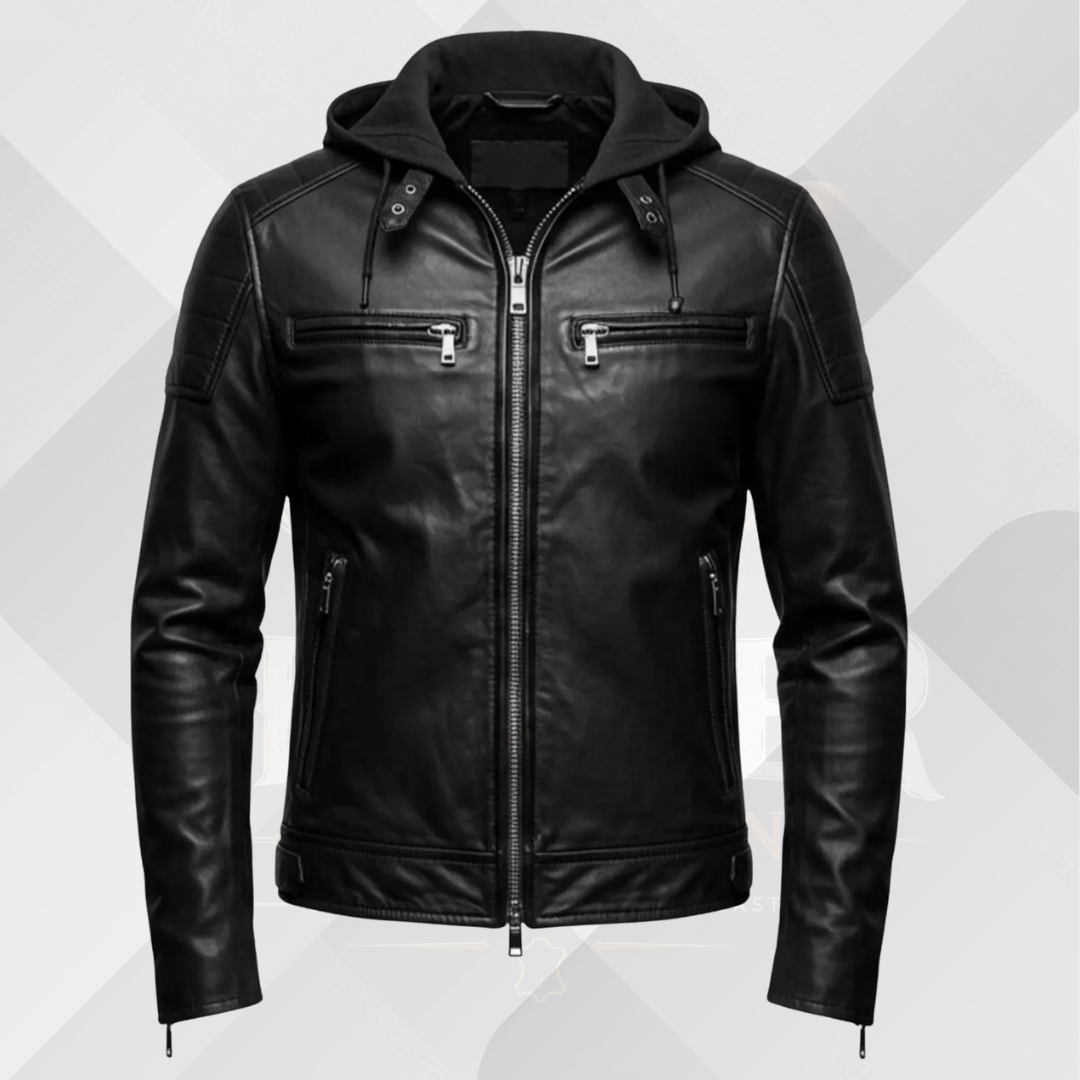 Men's Black Genuine Leather Jacket with Hoodie