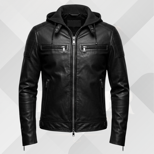 Men's Black Genuine Leather Jacket with Hoodie