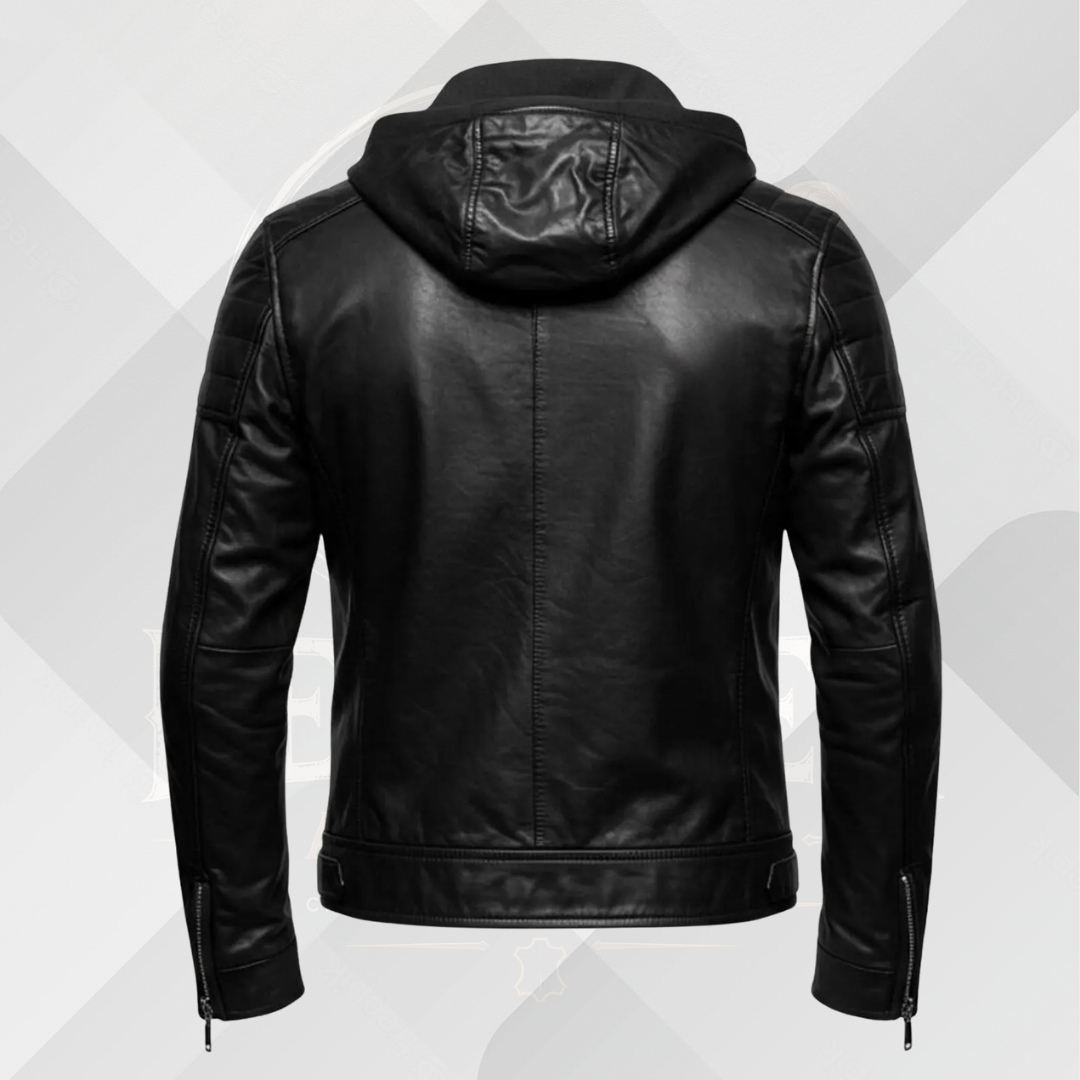 Men's Black Genuine Leather Jacket with Hoodie