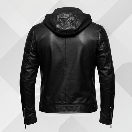 Men's Black Genuine Leather Jacket with Hoodie