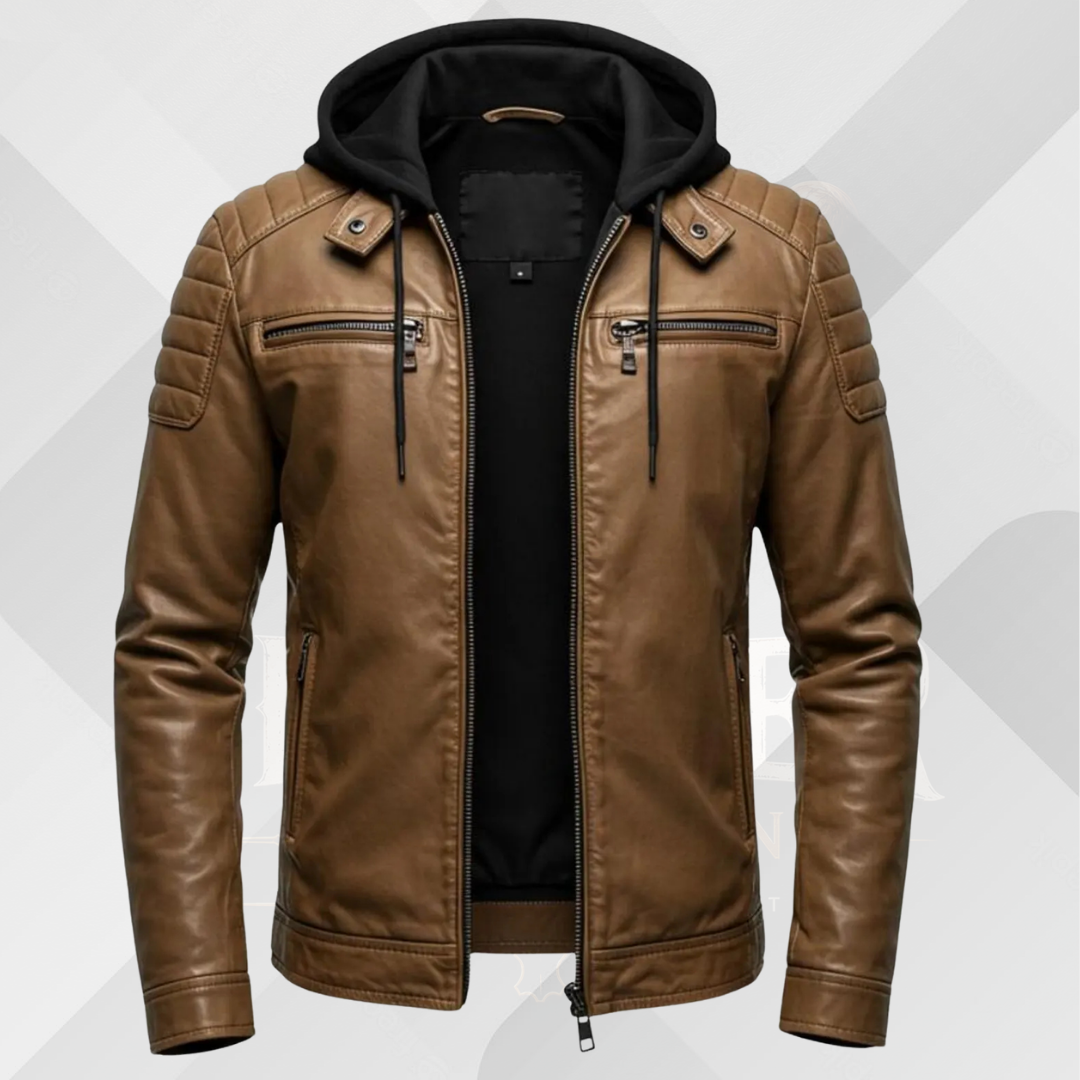 Men's Brown Genuine Leather Jacket with Hood