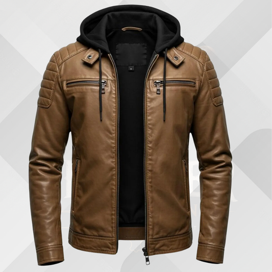 Men's Brown Genuine Leather Jacket with Hood