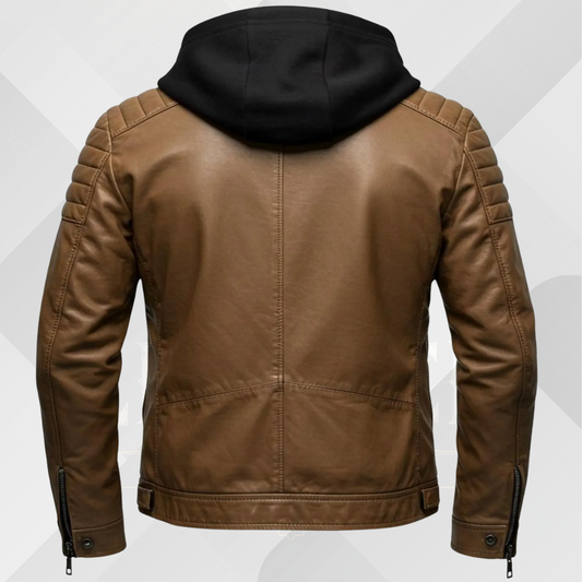Men's Brown Genuine Leather Jacket with Hood