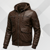 Men's Dark Brown Leather Bomber Jacket with Hood