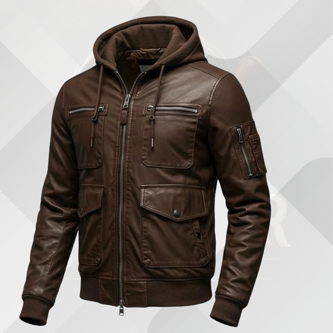 Men's Dark Brown Leather Bomber Jacket with Hood