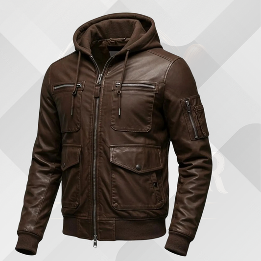 Men's Dark Brown Leather Bomber Jacket with Hood