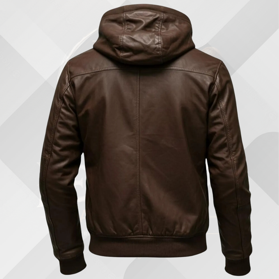 Men's Dark Brown Leather Bomber Jacket with Hood
