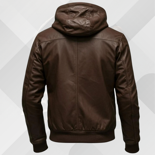 Men's Dark Brown Leather Bomber Jacket with Hood