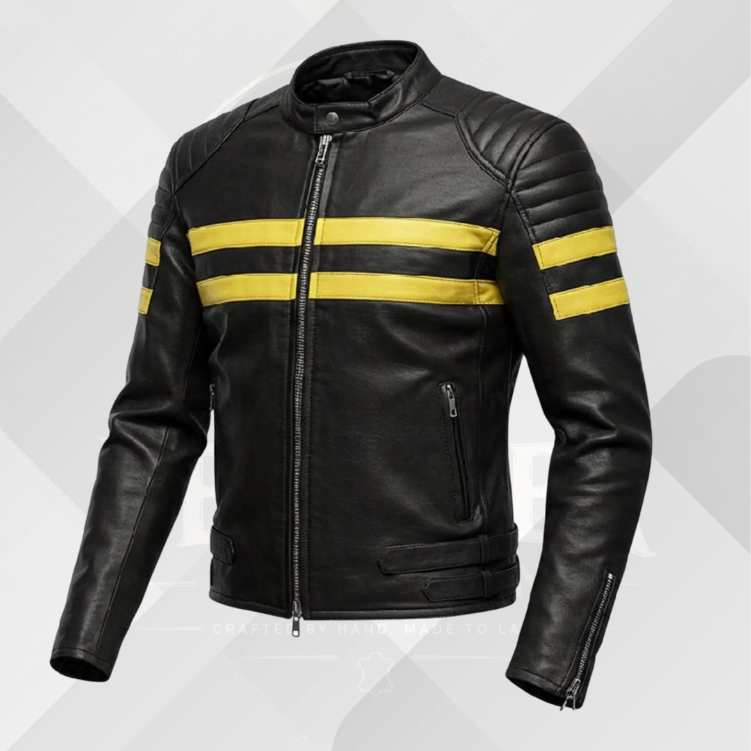 Men's Black Leather Biker Jacket – Yellow Racing Stripe