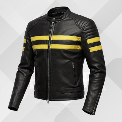 Men's Black Leather Biker Jacket – Yellow Racing Stripe
