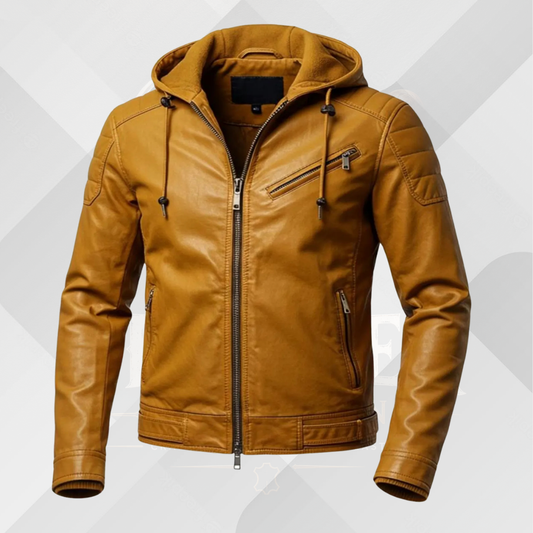 Men's Mustard Genuine Leather Hoodie Jacket