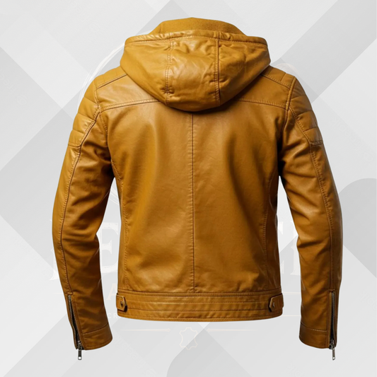 Men's Mustard Genuine Leather Hoodie Jacket