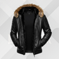 Men's Black Cowhide Leather Jacket with Fur Hoodie