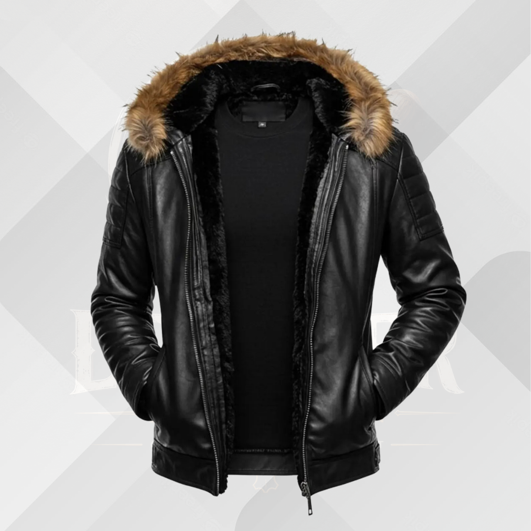 Men's Black Cowhide Leather Jacket with Fur Hoodie