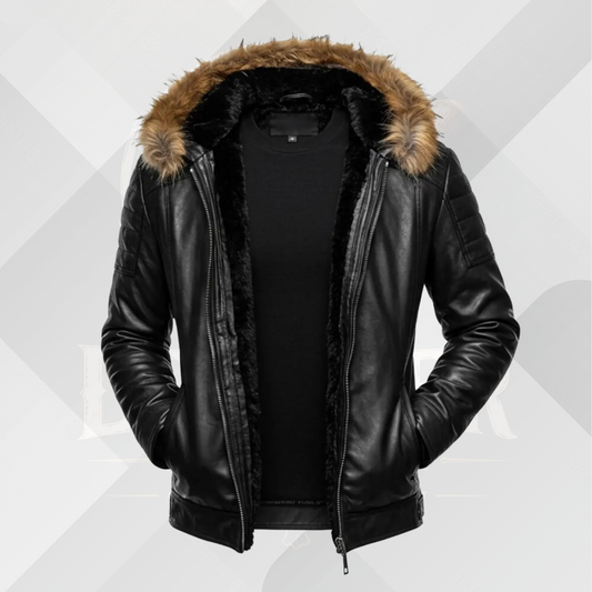 Men's Black Cowhide Leather Jacket with Fur Hoodie