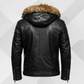 Men's Black Cowhide Leather Jacket with Fur Hoodie