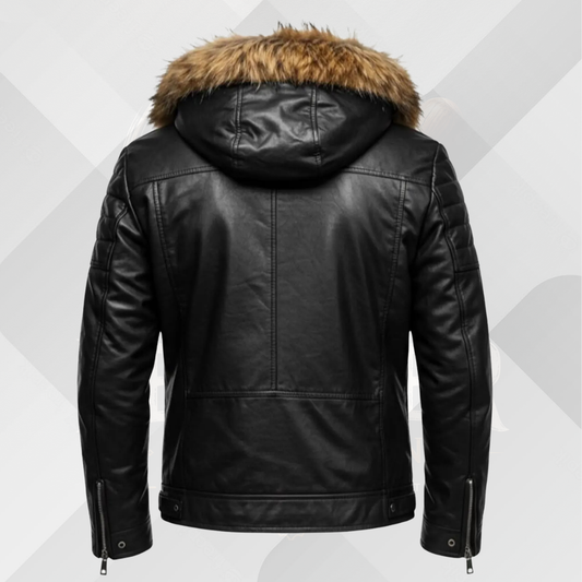 Men's Black Cowhide Leather Jacket with Fur Hoodie