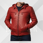 Men's Red Leather Motorcycle Jacket with Hood