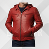 Men's Red Leather Motorcycle Jacket with Hood
