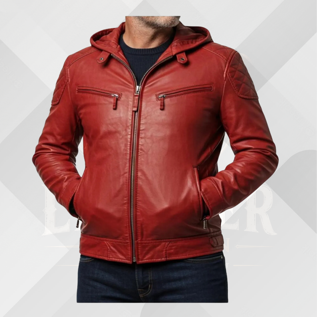 Men's Red Leather Motorcycle Jacket with Hood