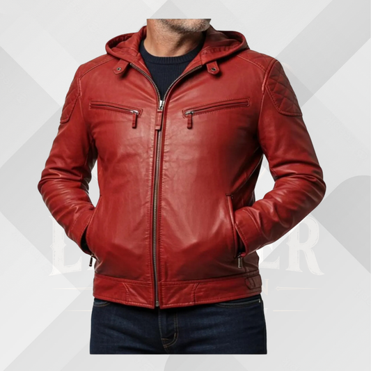 Men's Red Leather Motorcycle Jacket with Hood