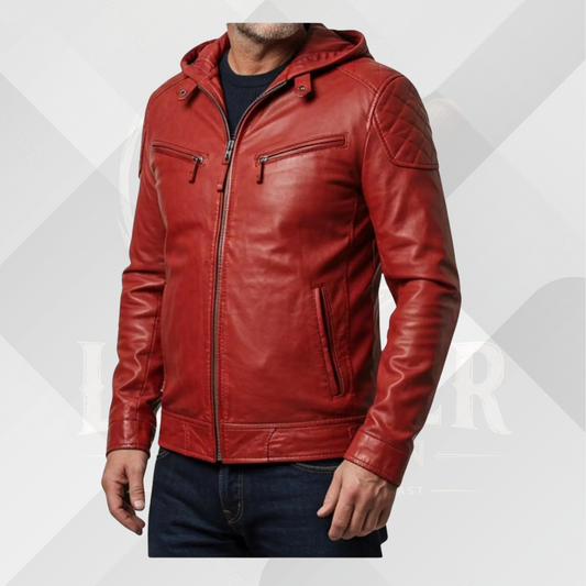Men's Red Leather Motorcycle Jacket with Hood