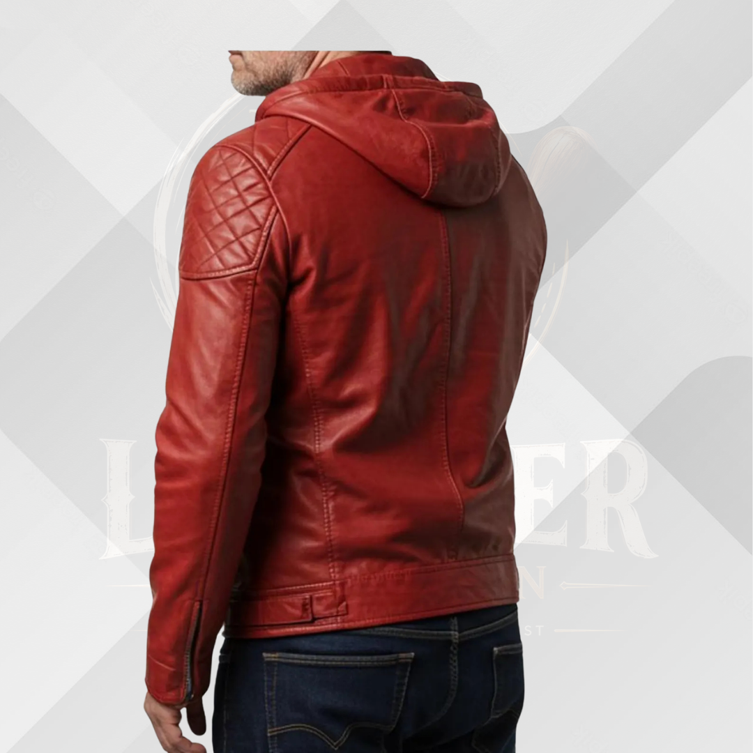 Men's Red Leather Motorcycle Jacket with Hood