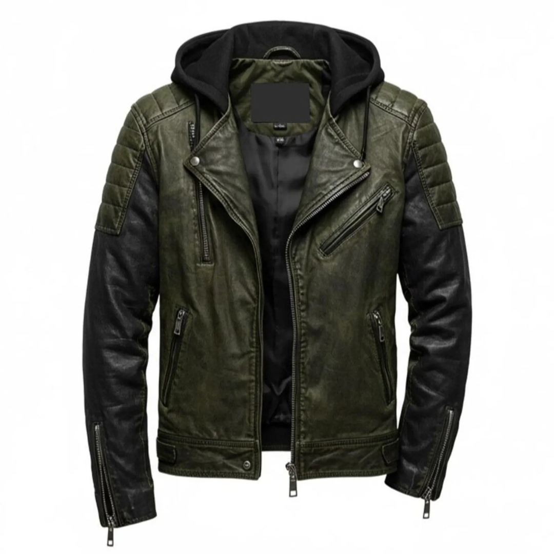 Men's Vintage Green Black Leather Jacket with Hood