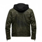 Men's Vintage Green Black Leather Jacket with Hood