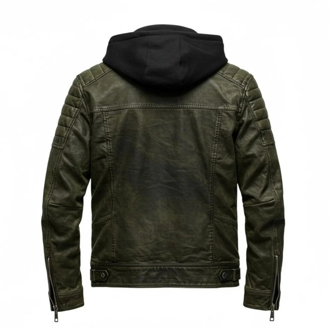 Men's Vintage Green Black Leather Jacket with Hood