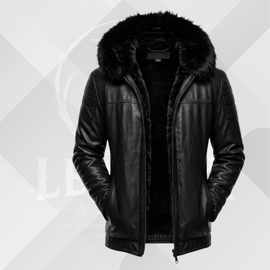 Men's Black B3 Shearling Leather Jacket with Fur Hood
