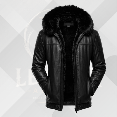 Men's Black B3 Shearling Leather Jacket with Fur Hood