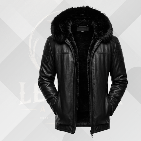 Men's Black B3 Shearling Leather Jacket with Fur Hood